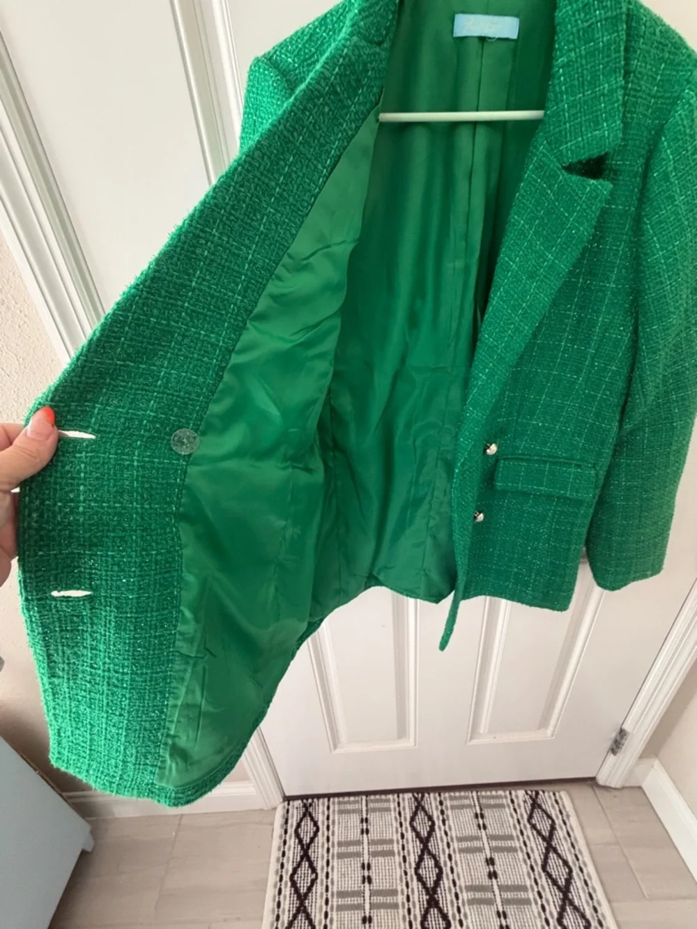 Emerald Green Tweed Double-Breasted Blazer Jacket